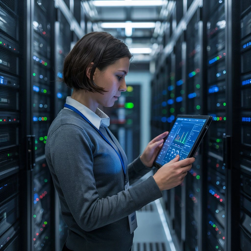 A cybersecurity job in action—an expert monitoring network security on a tablet inside a server room, ensuring data protection and system integrity.