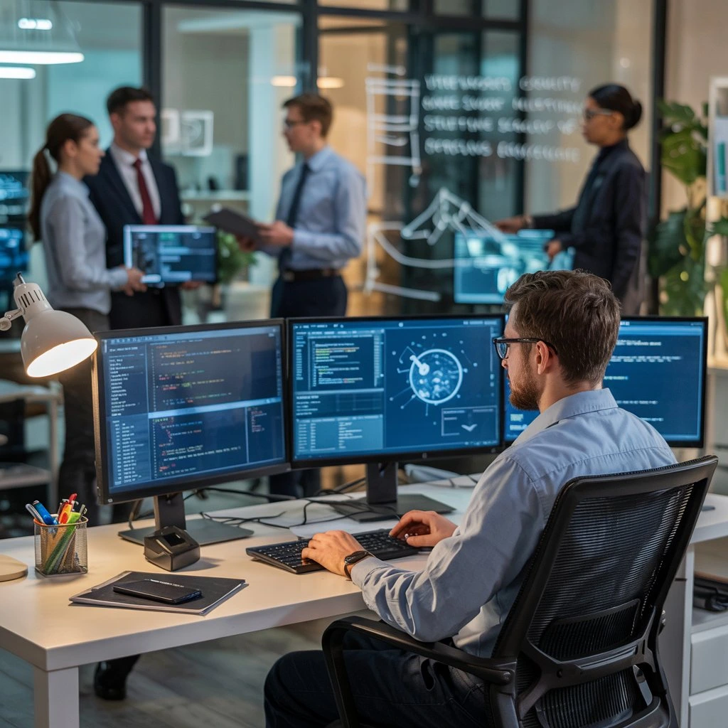 A cybersecurity job in action—an expert presenting a cybersecurity breach briefing to a team, showcasing the importance of cybersecurity professionals in preventing cyber threats.