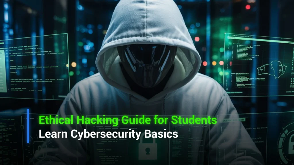 A hooded figure with a reflective mask surrounded by digital security screens, symbolizing ethical hacking and cybersecurity learning for students.