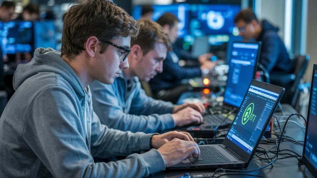 group of ethical hacking students working on cybersecurity tasks, analyzing vulnerabilities on their laptops in a high-tech lab setting.