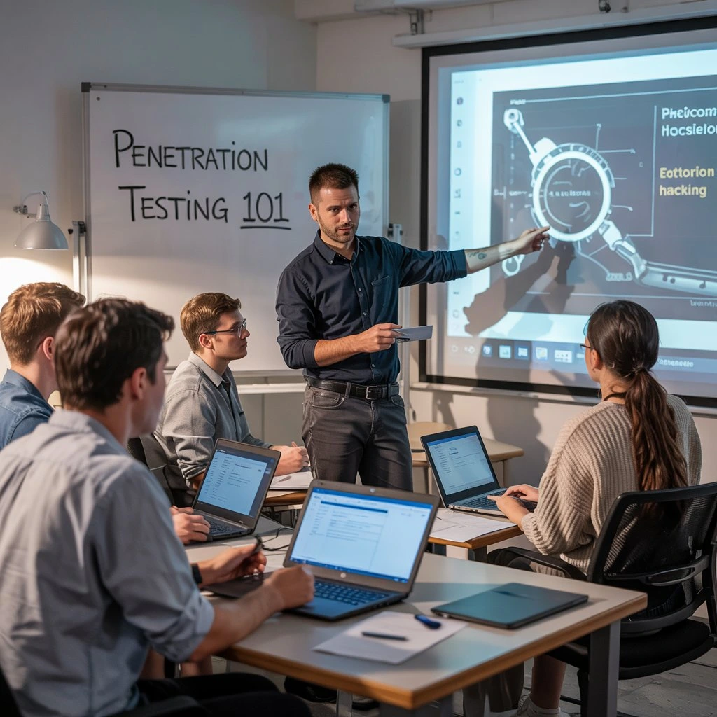 A cybersecurity instructor teaching ethical hacking and penetration testing to students in a classroom, with laptops and a presentation on hacking techniques.