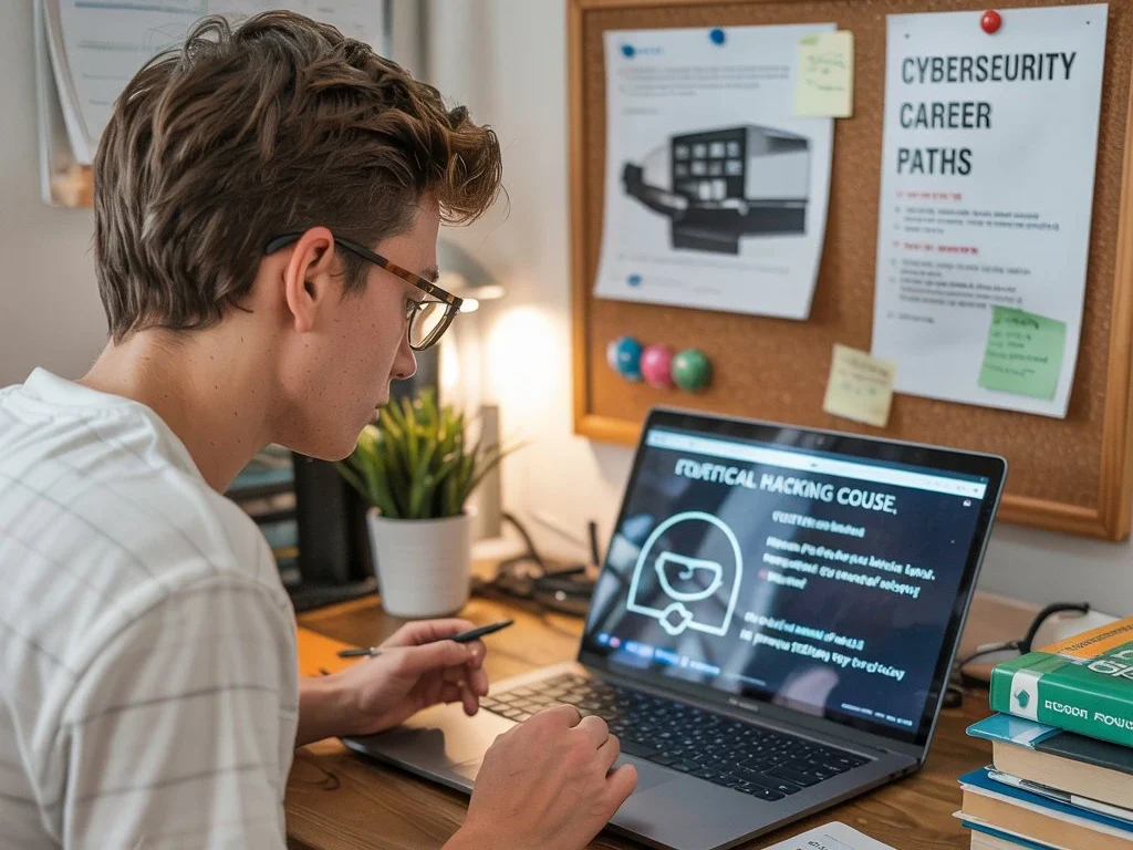 A young student studying an ethical hacking course on a laptop, surrounded by cybersecurity books and career guides.