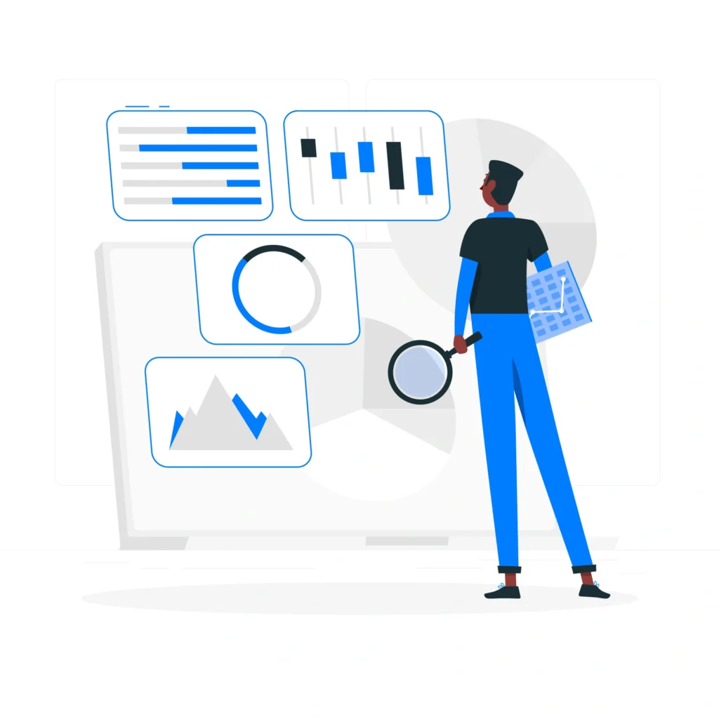 Illustration showing data analyst validating and verifying visual data charts as part of data cleaning techniques to ensure accuracy and consistency.