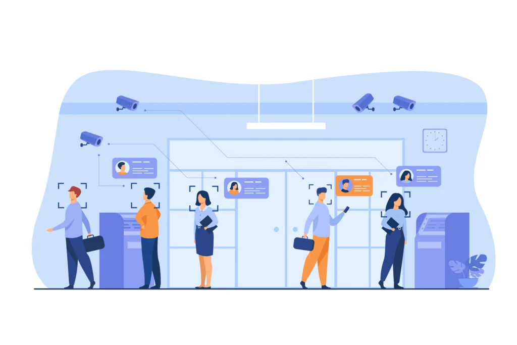 People passing through a secure office entrance using access control systems with facial recognition, biometric ID, and surveillance cameras.