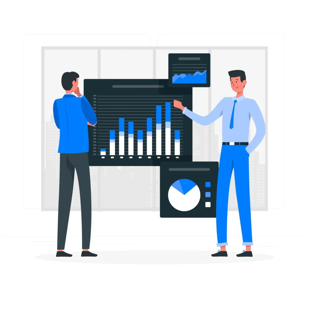 Two professionals analyzing bar and pie charts on a digital dashboard, illustrating the use of data cleaning techniques to detect and manage outliers in datasets.