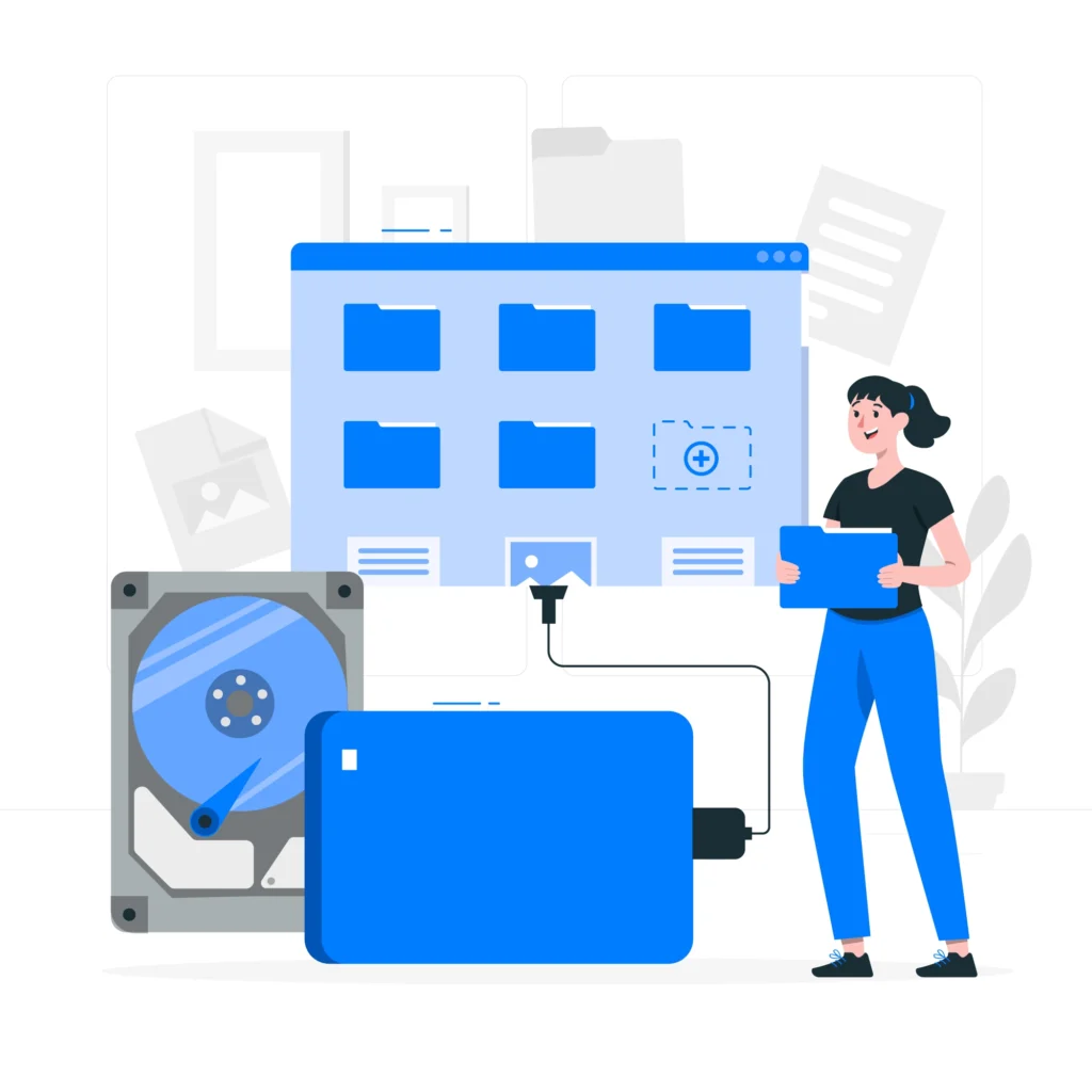 Illustration of a woman managing digital folders and storage devices, symbolizing data cleaning techniques for organizing, standardizing, and preparing raw data.