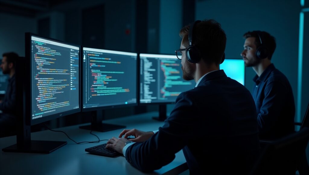 Cybersecurity analysts using Open Source Intelligence tools to monitor and analyze cyber threats on multiple computer screens in a secure operations center.