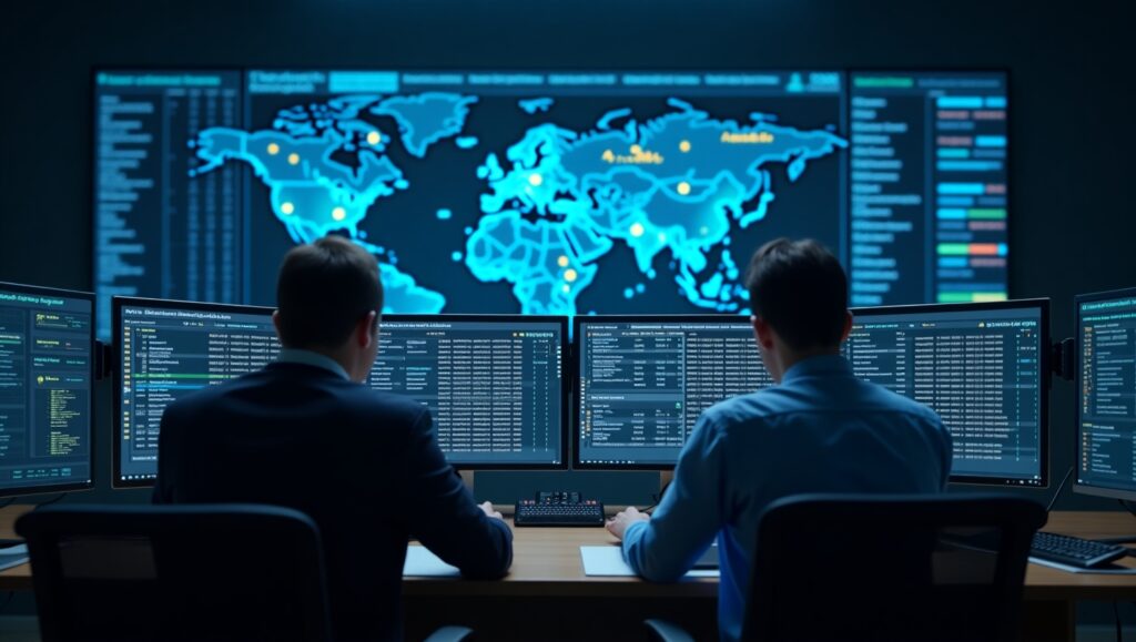 Cybersecurity team using Open Source Intelligence to analyze global threats, monitor breaches, and conduct incident response with real-time data dashboards.