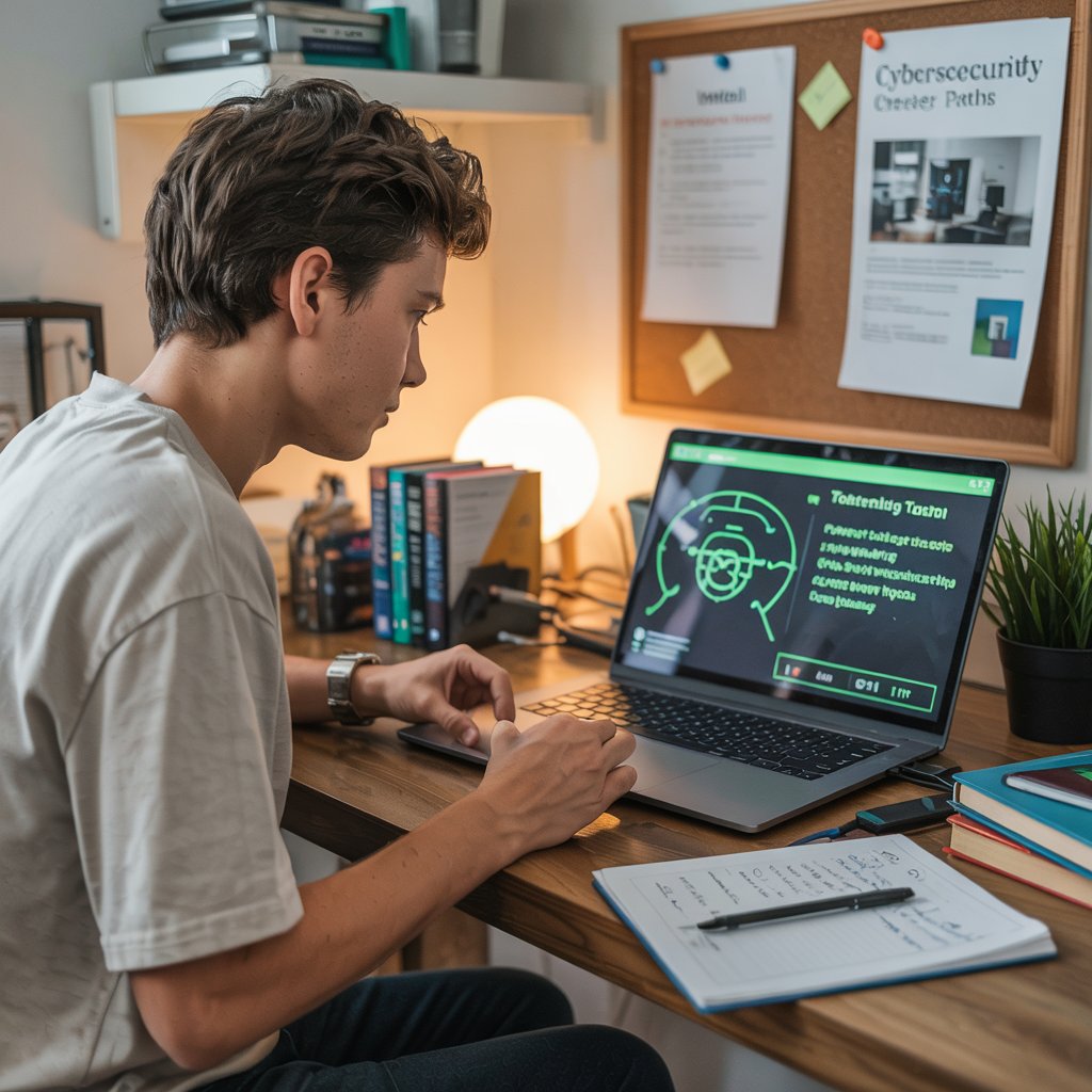 A beginner white hat hacker practicing cybersecurity skills on a laptop at home, studying ethical hacking as part of their career path.