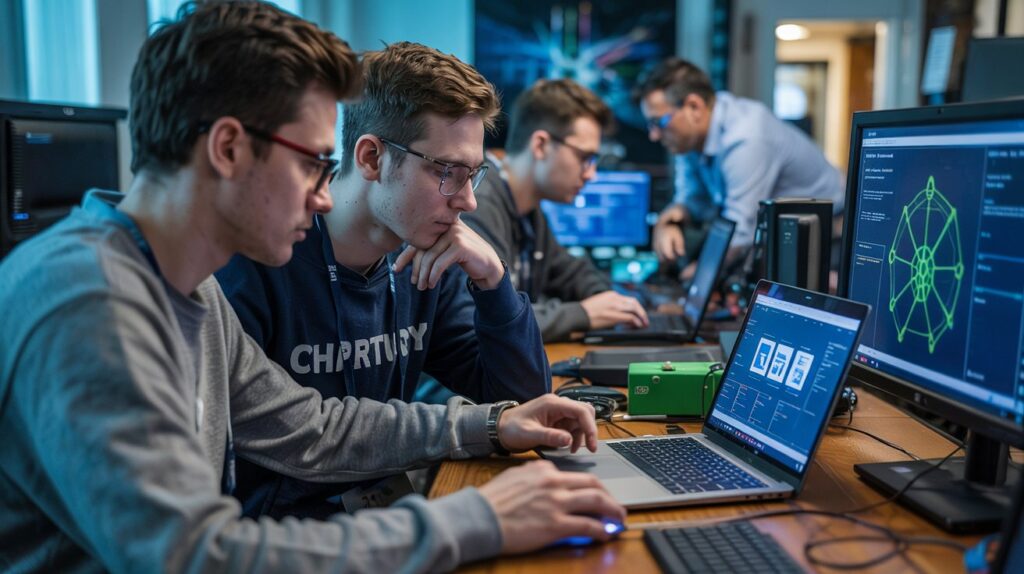 Young white hat hackers working together on cybersecurity tasks in a tech lab environment, analyzing systems and learning ethical hacking skills.