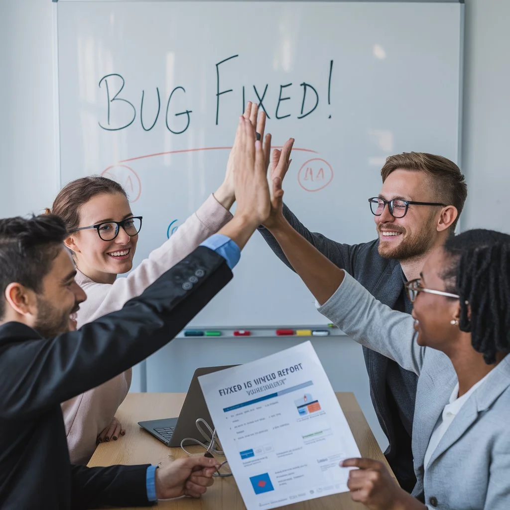 White hat hackers high-fiving after fixing a critical vulnerability, holding a report, showcasing teamwork in ethical hacking and cybersecurity defense.