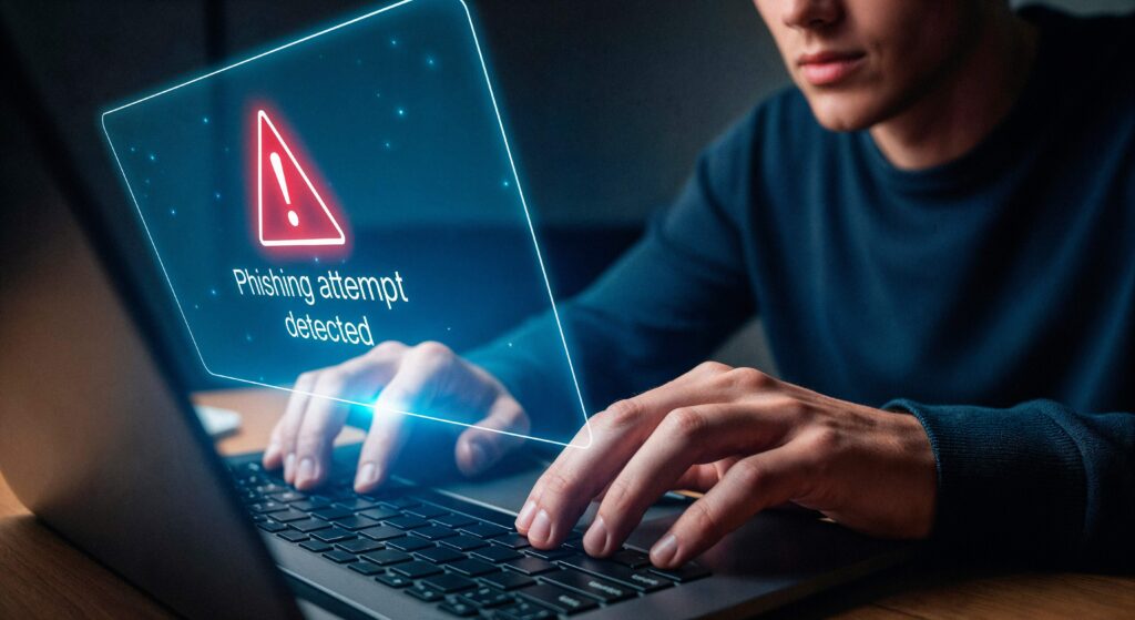 User on laptop encountering a phishing attempt warning, highlighting common risks like shadow IT and unsecured access points in Attack Surface Management
