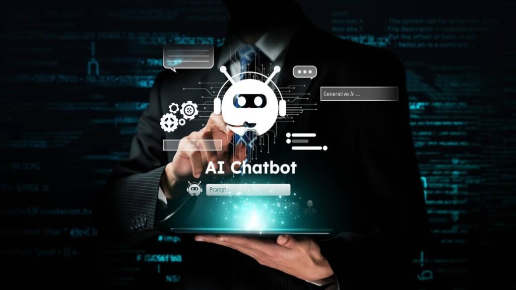 Digital robot assistant answering questions on a screen.