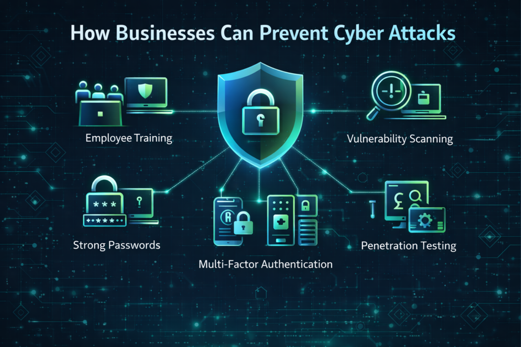 Cybersecurity strategies to prevent cyber threats including MFA employee training and network monitoring