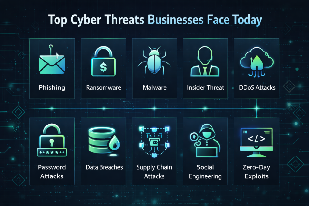 Top cyber threats businesses face today including phishing ransomware malware and data breaches